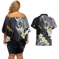 Polynesian Tribal Tattoo Couples Matching Off Shoulder Short Dress and Hawaiian Shirt Plumeria Black Gold Marble Pattern LT9 - Polynesian Pride