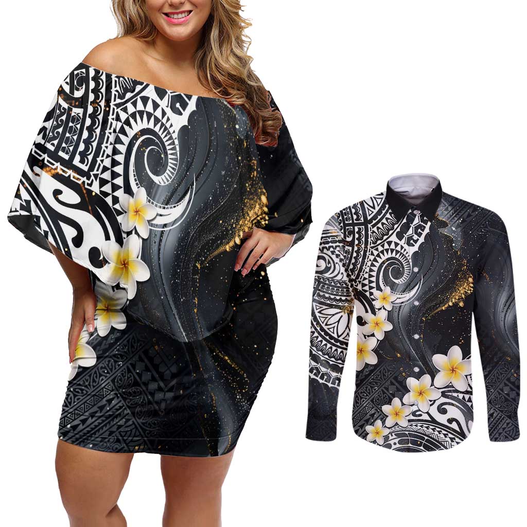 Polynesian Tribal Tattoo Couples Matching Off Shoulder Short Dress and Long Sleeve Button Shirt Plumeria Black Gold Marble Pattern LT9 Black - Polynesian Pride