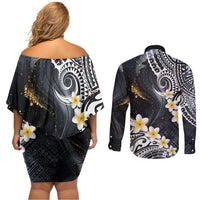 Polynesian Tribal Tattoo Couples Matching Off Shoulder Short Dress and Long Sleeve Button Shirt Plumeria Black Gold Marble Pattern LT9 - Polynesian Pride