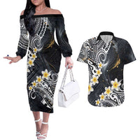 Polynesian Tribal Tattoo Couples Matching Off The Shoulder Long Sleeve Dress and Hawaiian Shirt Plumeria Black Gold Marble Pattern LT9 Black - Polynesian Pride