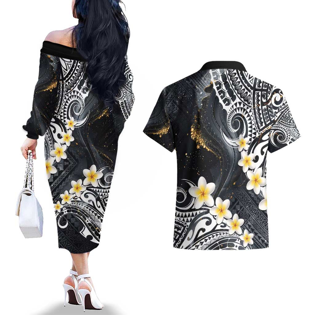 Polynesian Tribal Tattoo Couples Matching Off The Shoulder Long Sleeve Dress and Hawaiian Shirt Plumeria Black Gold Marble Pattern LT9 - Polynesian Pride