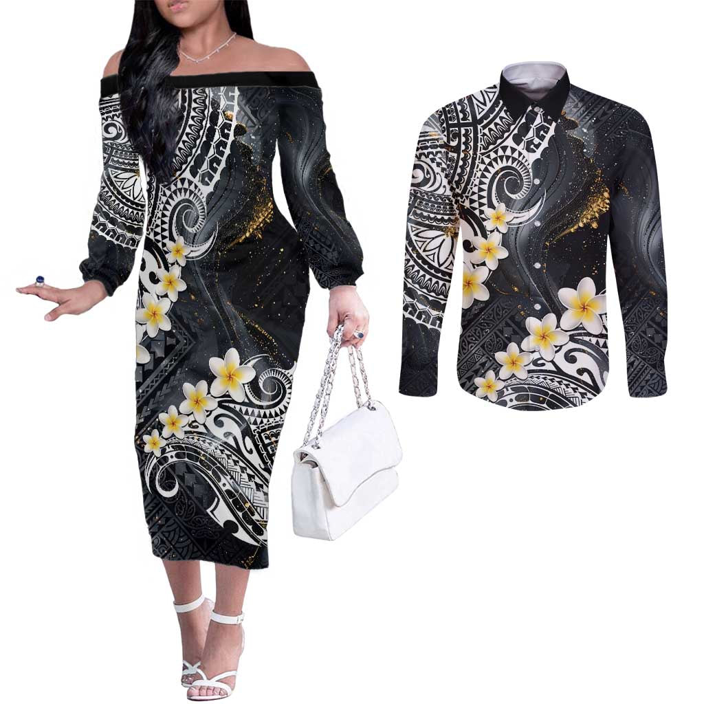 Polynesian Tribal Tattoo Couples Matching Off The Shoulder Long Sleeve Dress and Long Sleeve Button Shirt Plumeria Black Gold Marble Pattern LT9 Black - Polynesian Pride