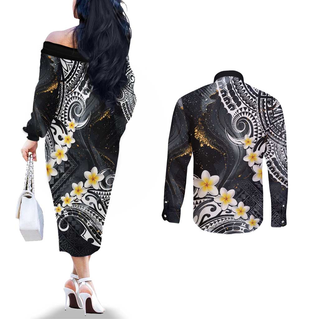 Polynesian Tribal Tattoo Couples Matching Off The Shoulder Long Sleeve Dress and Long Sleeve Button Shirt Plumeria Black Gold Marble Pattern LT9 - Polynesian Pride