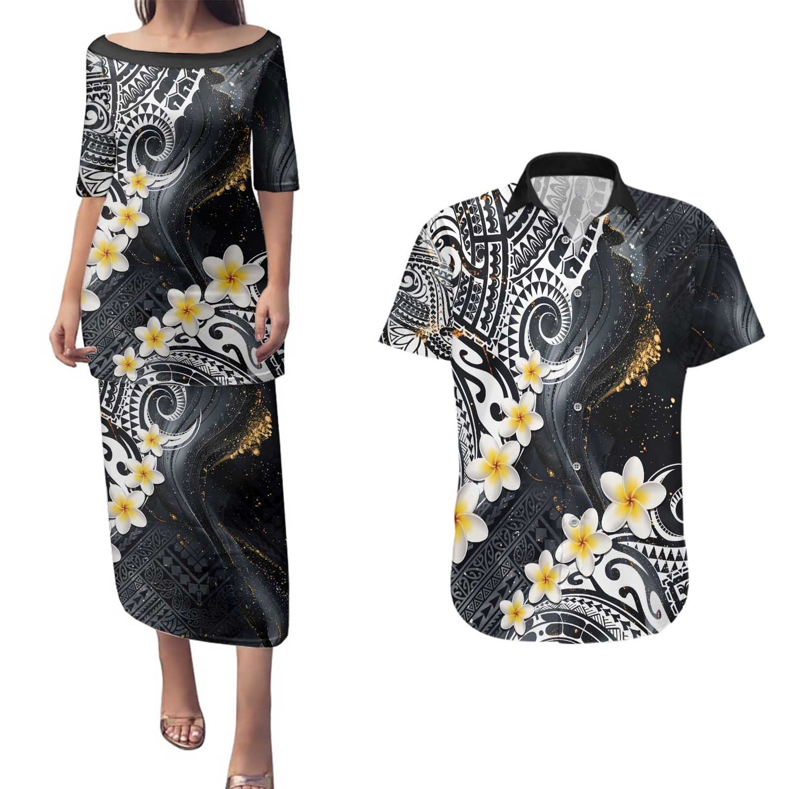 Polynesian Tribal Tattoo Couples Matching Puletasi and Hawaiian Shirt Plumeria Black Gold Marble Pattern LT9 Black - Polynesian Pride