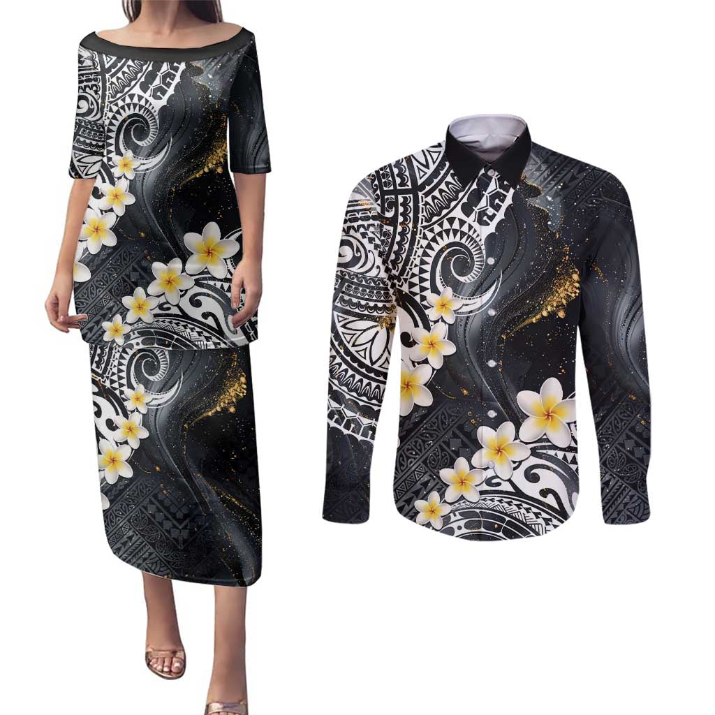 Polynesian Tribal Tattoo Couples Matching Puletasi and Long Sleeve Button Shirt Plumeria Black Gold Marble Pattern LT9 Black - Polynesian Pride