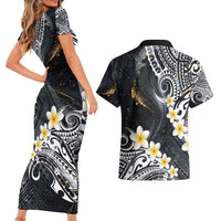 Polynesian Tribal Tattoo Couples Matching Short Sleeve Bodycon Dress and Hawaiian Shirt Plumeria Black Gold Marble Pattern LT9 - Polynesian Pride