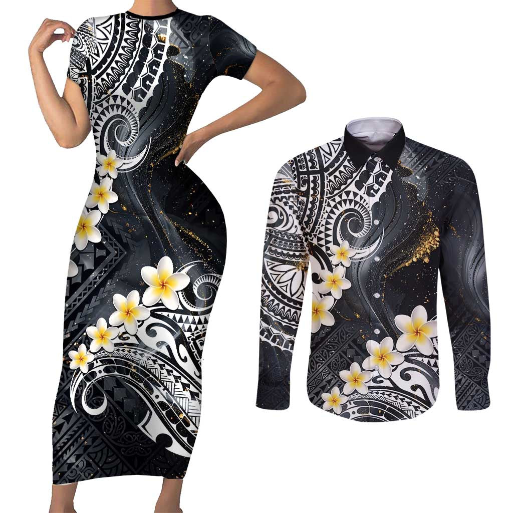 Polynesian Tribal Tattoo Couples Matching Short Sleeve Bodycon Dress and Long Sleeve Button Shirt Plumeria Black Gold Marble Pattern LT9 Black - Polynesian Pride