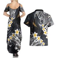 Polynesian Tribal Tattoo Couples Matching Summer Maxi Dress and Hawaiian Shirt Plumeria Black Gold Marble Pattern LT9 - Polynesian Pride