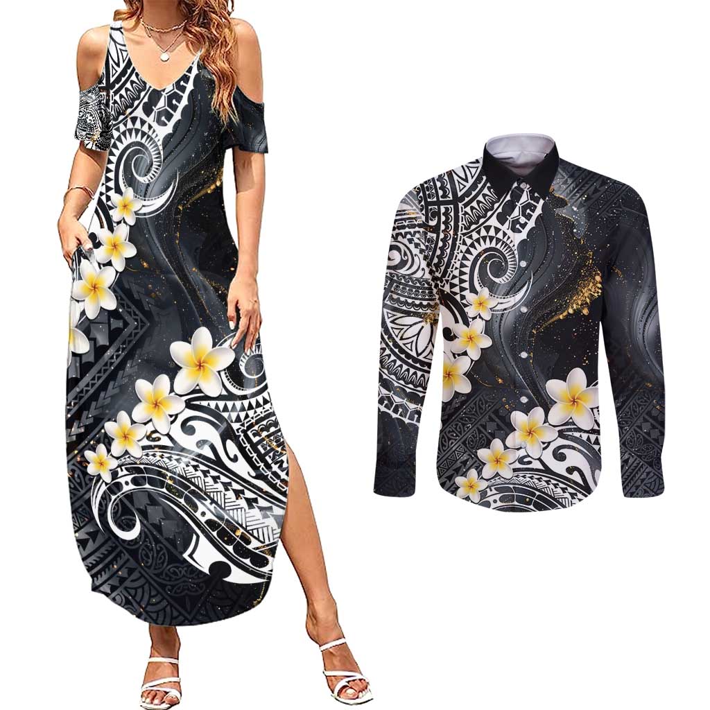 Polynesian Tribal Tattoo Couples Matching Summer Maxi Dress and Long Sleeve Button Shirt Plumeria Black Gold Marble Pattern LT9 Black - Polynesian Pride