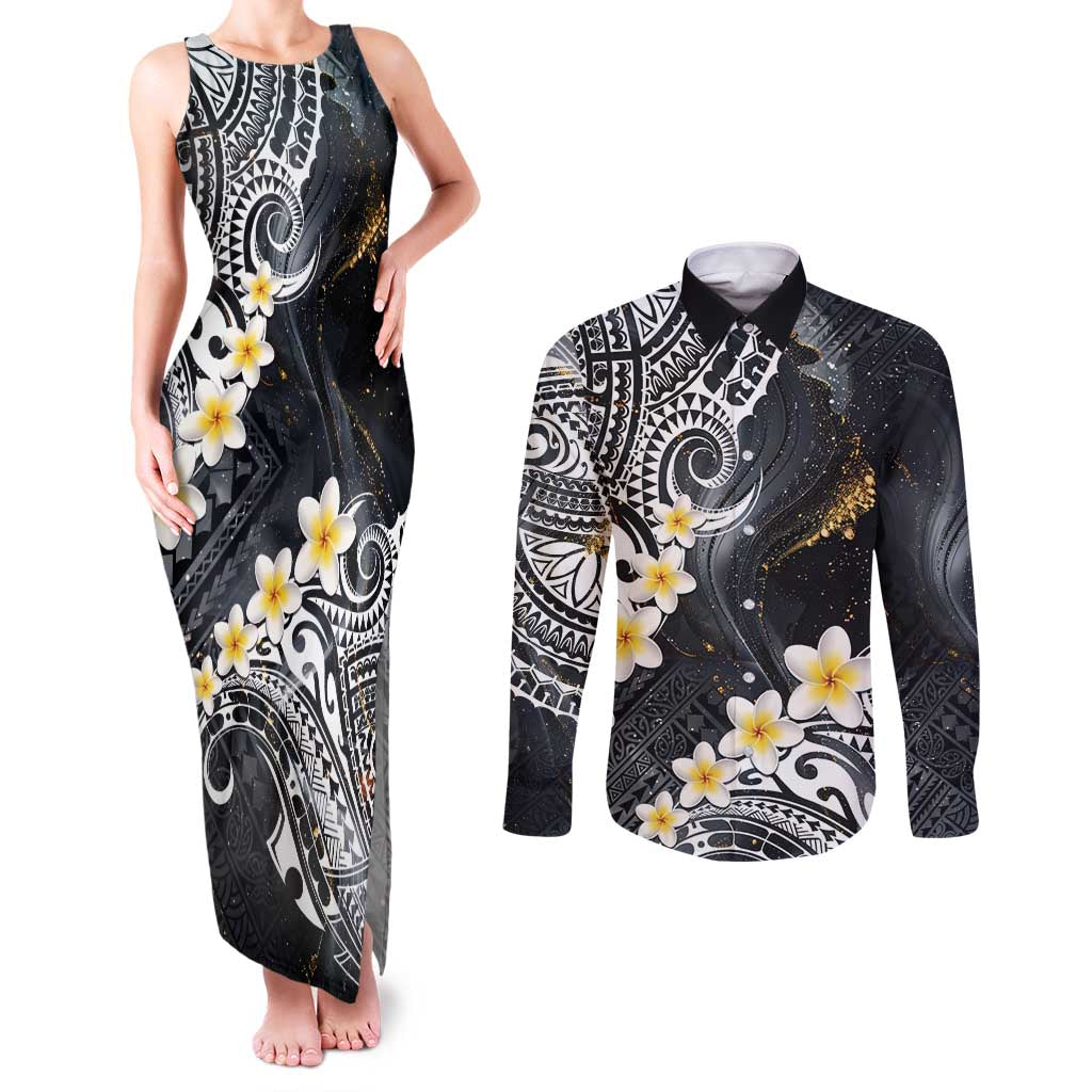 Polynesian Tribal Tattoo Couples Matching Tank Maxi Dress and Long Sleeve Button Shirt Plumeria Black Gold Marble Pattern LT9 Black - Polynesian Pride