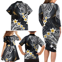 Polynesian Tribal Tattoo Family Matching Long Sleeve Bodycon Dress and Hawaiian Shirt Plumeria Black Gold Marble Pattern LT9 - Polynesian Pride