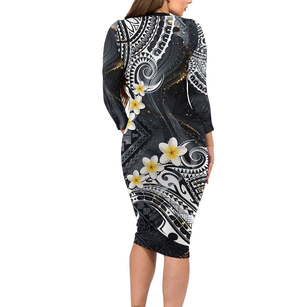 Polynesian Tribal Tattoo Family Matching Long Sleeve Bodycon Dress and Hawaiian Shirt Plumeria Black Gold Marble Pattern LT9 - Polynesian Pride