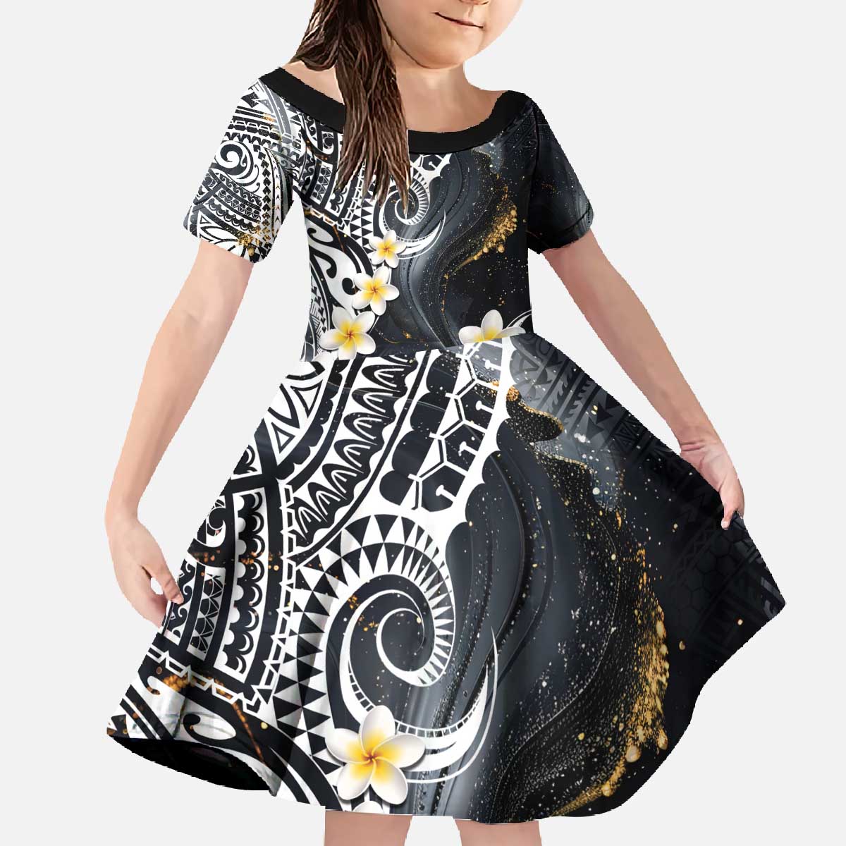 Polynesian Tribal Tattoo Family Matching Off The Shoulder Long Sleeve Dress and Hawaiian Shirt Plumeria Black Gold Marble Pattern LT9 - Polynesian Pride