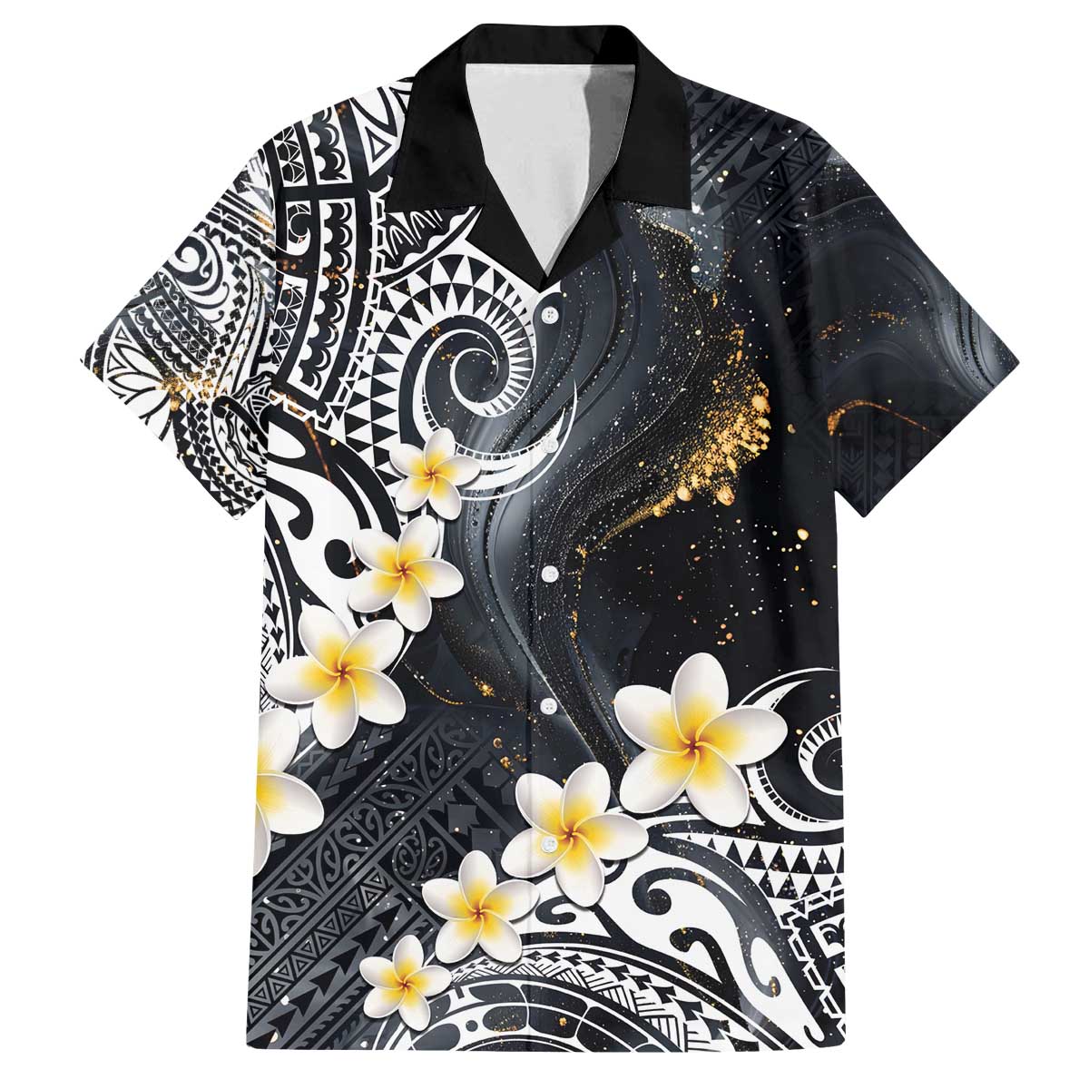 Polynesian Tribal Tattoo Family Matching Off The Shoulder Long Sleeve Dress and Hawaiian Shirt Plumeria Black Gold Marble Pattern LT9 - Polynesian Pride