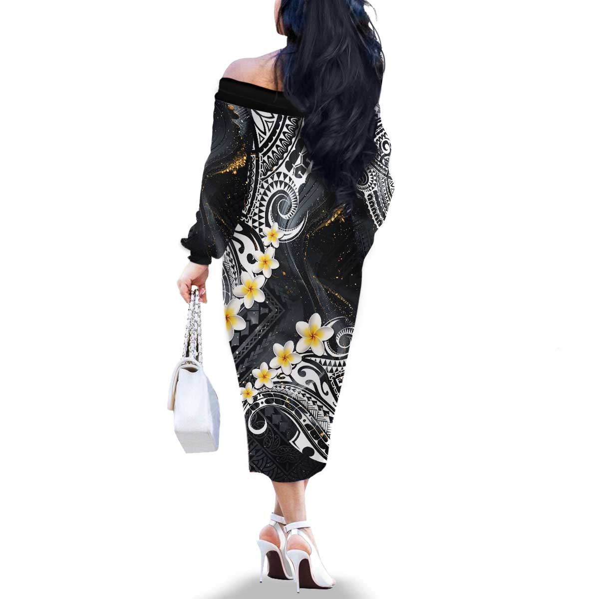 Polynesian Tribal Tattoo Family Matching Off The Shoulder Long Sleeve Dress and Hawaiian Shirt Plumeria Black Gold Marble Pattern LT9 - Polynesian Pride