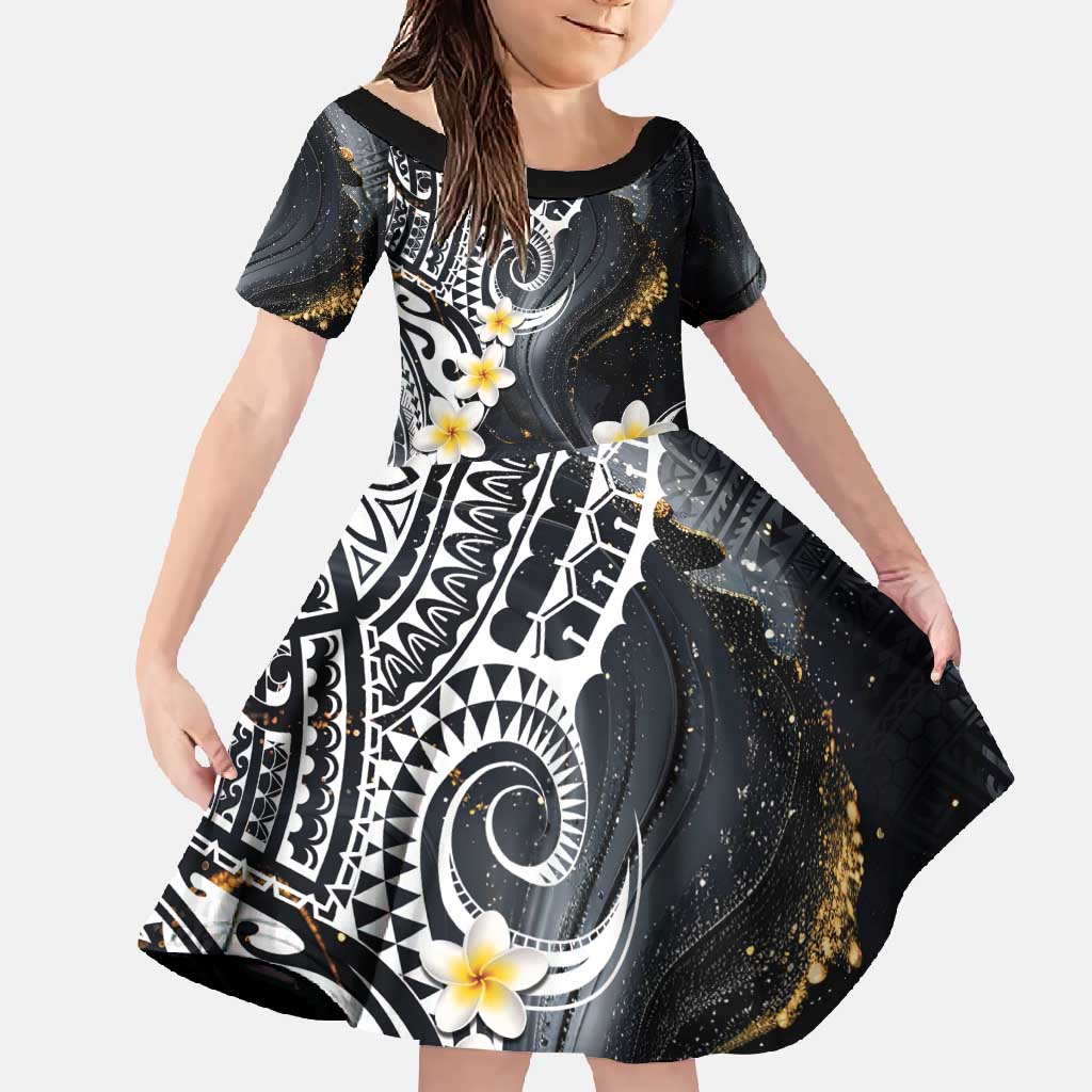 Polynesian Tribal Tattoo Family Matching Off Shoulder Maxi Dress and Hawaiian Shirt Plumeria Black Gold Marble Pattern LT9 Daughter's Dress Black - Polynesian Pride