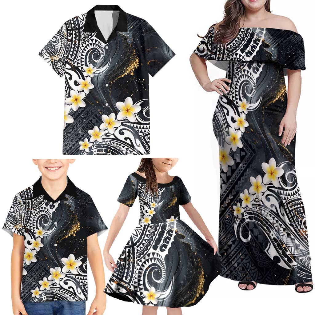 Polynesian Tribal Tattoo Family Matching Off Shoulder Maxi Dress and Hawaiian Shirt Plumeria Black Gold Marble Pattern LT9 - Polynesian Pride