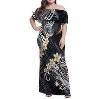 Polynesian Tribal Tattoo Family Matching Off Shoulder Maxi Dress and Hawaiian Shirt Plumeria Black Gold Marble Pattern LT9 Mom's Dress Black - Polynesian Pride