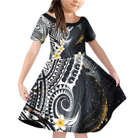 Polynesian Tribal Tattoo Family Matching Off Shoulder Short Dress and Hawaiian Shirt Plumeria Black Gold Marble Pattern LT9 Daughter's Dress Black - Polynesian Pride