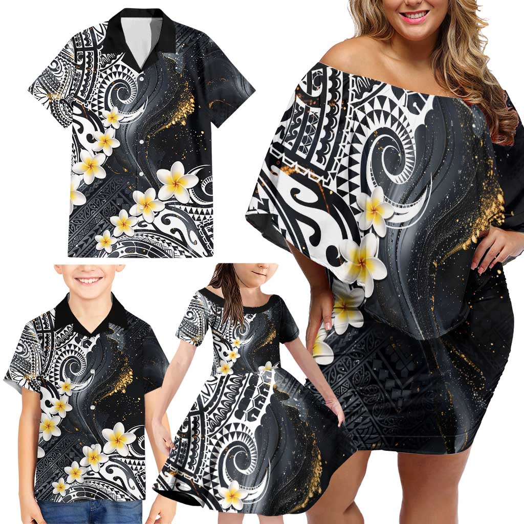 Polynesian Tribal Tattoo Family Matching Off Shoulder Short Dress and Hawaiian Shirt Plumeria Black Gold Marble Pattern LT9 - Polynesian Pride
