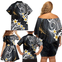 Polynesian Tribal Tattoo Family Matching Off Shoulder Short Dress and Hawaiian Shirt Plumeria Black Gold Marble Pattern LT9 - Polynesian Pride
