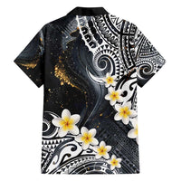 Polynesian Tribal Tattoo Family Matching Off Shoulder Short Dress and Hawaiian Shirt Plumeria Black Gold Marble Pattern LT9 - Polynesian Pride