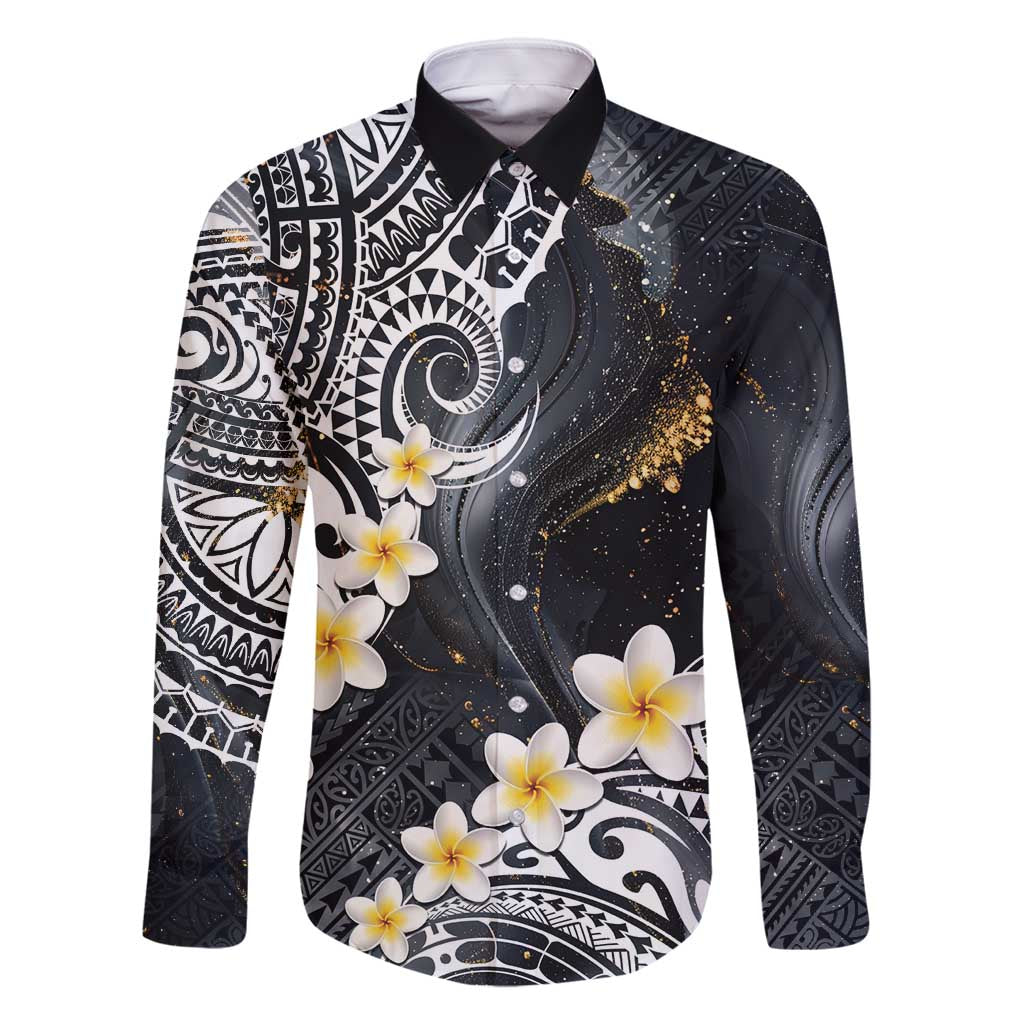 Polynesian Tribal Tattoo Family Matching Off Shoulder Short Dress and Hawaiian Shirt Plumeria Black Gold Marble Pattern LT9 Dad's Shirt - Long Sleeve Black - Polynesian Pride