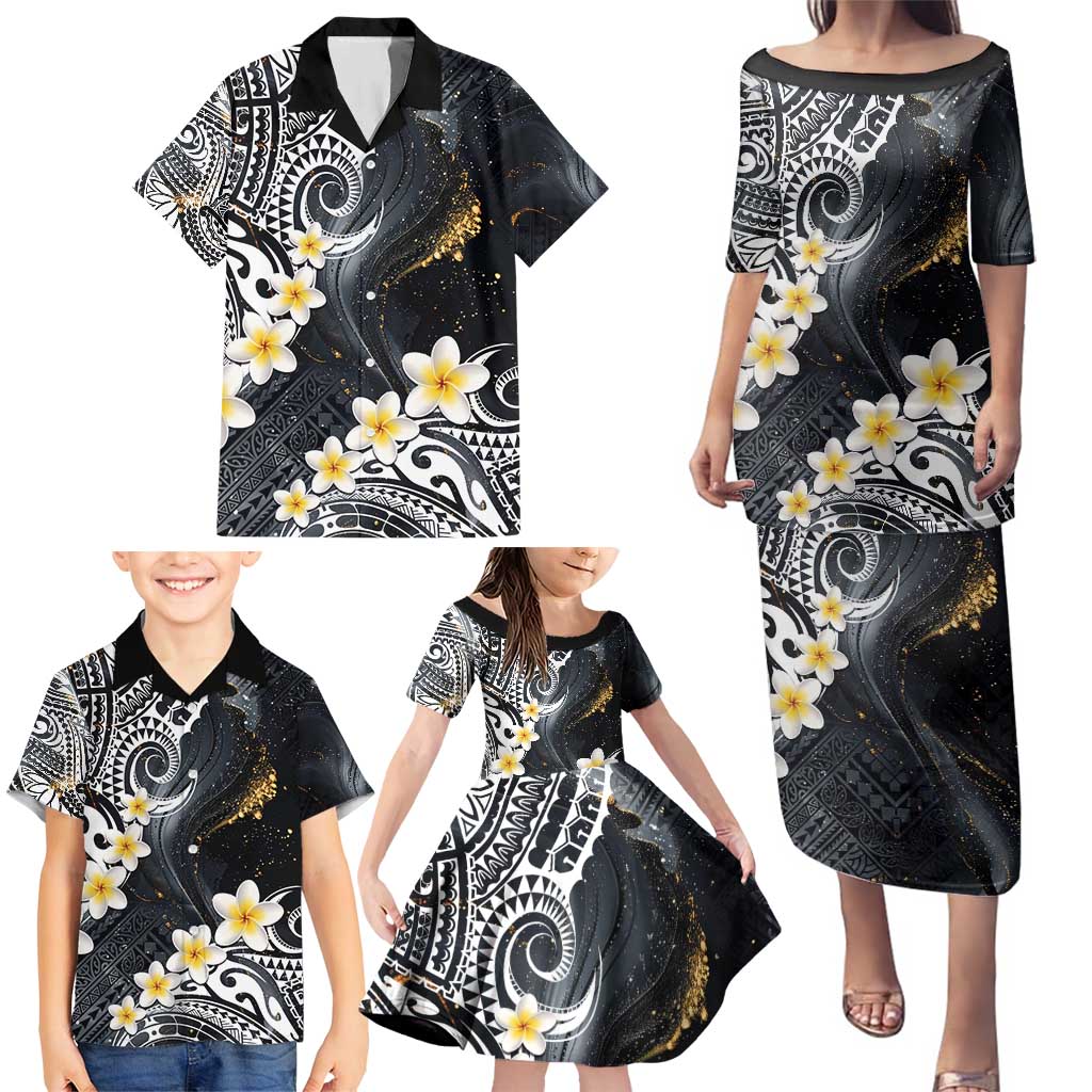 Polynesian Tribal Tattoo Family Matching Puletasi and Hawaiian Shirt Plumeria Black Gold Marble Pattern LT9 - Polynesian Pride