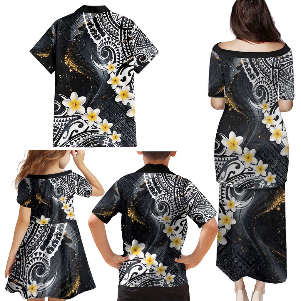 Polynesian Tribal Tattoo Family Matching Puletasi and Hawaiian Shirt Plumeria Black Gold Marble Pattern LT9 - Polynesian Pride