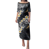 Polynesian Tribal Tattoo Family Matching Puletasi and Hawaiian Shirt Plumeria Black Gold Marble Pattern LT9 Mom's Dress Black - Polynesian Pride