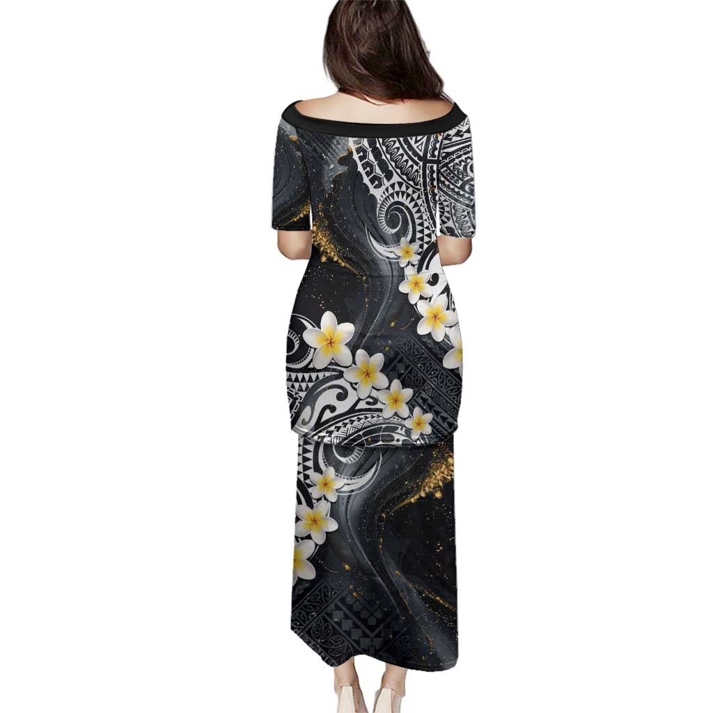 Polynesian Tribal Tattoo Family Matching Puletasi and Hawaiian Shirt Plumeria Black Gold Marble Pattern LT9 - Polynesian Pride