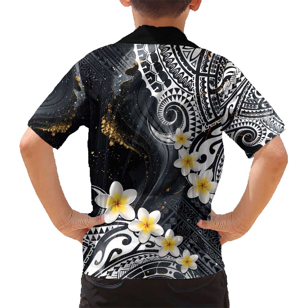 Polynesian Tribal Tattoo Family Matching Short Sleeve Bodycon Dress and Hawaiian Shirt Plumeria Black Gold Marble Pattern LT9 - Polynesian Pride