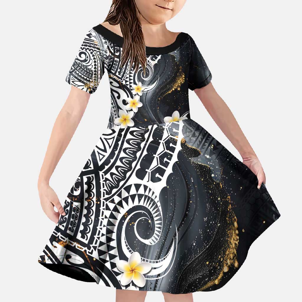 Polynesian Tribal Tattoo Family Matching Short Sleeve Bodycon Dress and Hawaiian Shirt Plumeria Black Gold Marble Pattern LT9 Daughter's Dress Black - Polynesian Pride