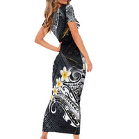 Polynesian Tribal Tattoo Family Matching Short Sleeve Bodycon Dress and Hawaiian Shirt Plumeria Black Gold Marble Pattern LT9 - Polynesian Pride