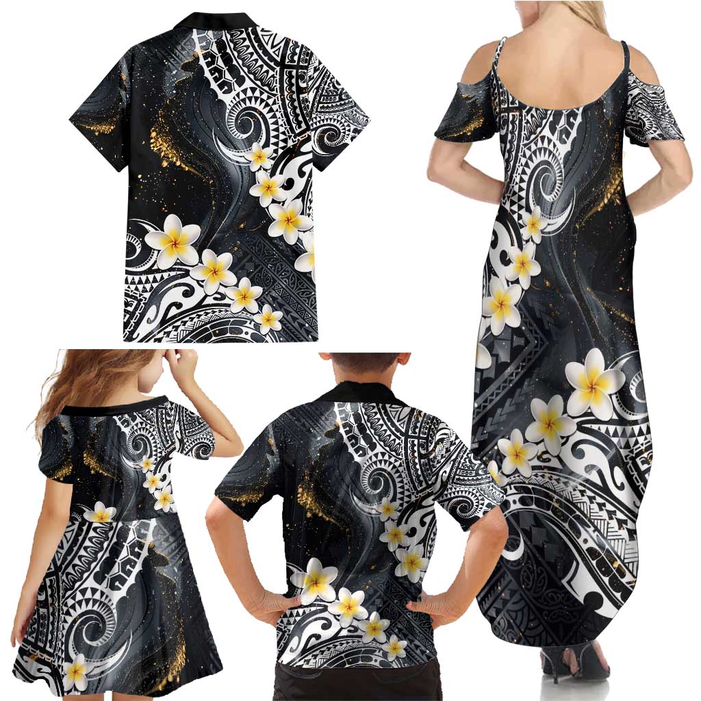 Polynesian Tribal Tattoo Family Matching Summer Maxi Dress and Hawaiian Shirt Plumeria Black Gold Marble Pattern LT9 - Polynesian Pride