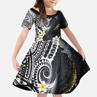 Polynesian Tribal Tattoo Family Matching Tank Maxi Dress and Hawaiian Shirt Plumeria Black Gold Marble Pattern LT9 Daughter's Dress Black - Polynesian Pride