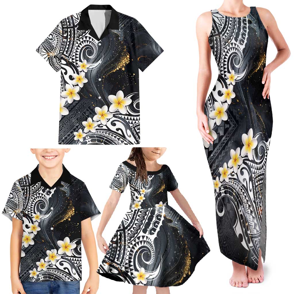 Polynesian Tribal Tattoo Family Matching Tank Maxi Dress and Hawaiian Shirt Plumeria Black Gold Marble Pattern LT9 - Polynesian Pride