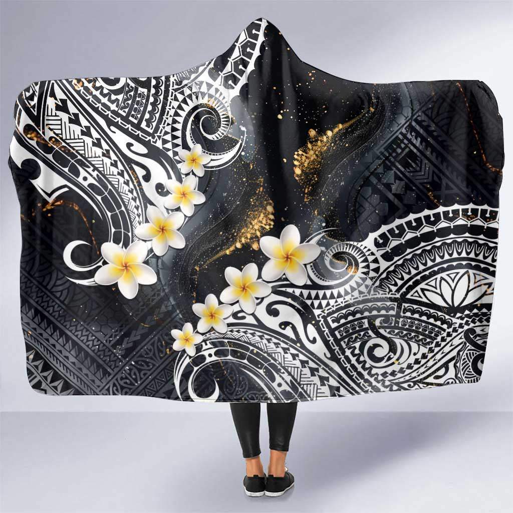 Polynesian Tribal Tattoo Hooded Blanket Plumeria Black Gold Marble Pattern LT9 One Size Black - Polynesian Pride