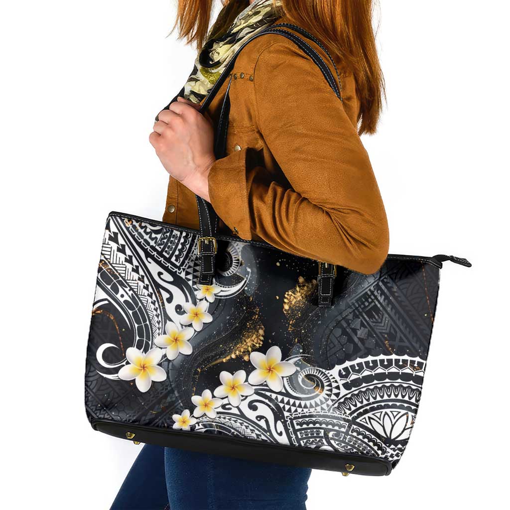 Polynesian Tribal Tattoo Leather Tote Bag Plumeria Black Gold Marble Pattern LT9 Black - Polynesian Pride