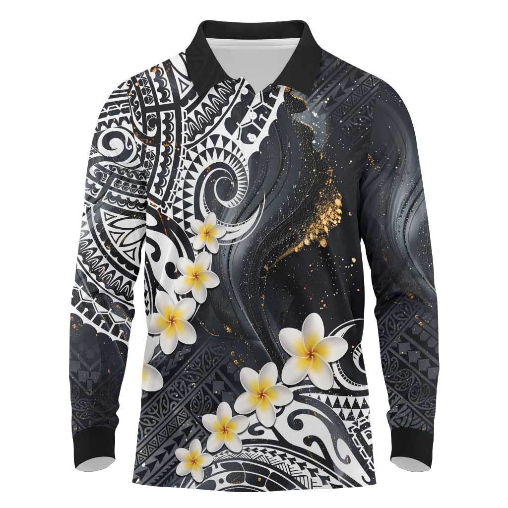 Polynesian Tribal Tattoo Long Sleeve Polo Shirt Plumeria Black Gold Marble Pattern LT9 Black - Polynesian Pride