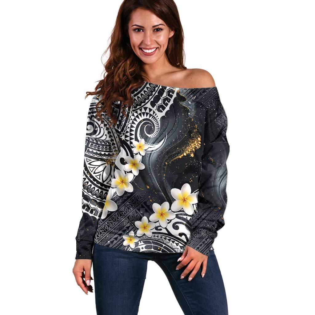 Polynesian Tribal Tattoo Off Shoulder Sweater Plumeria Black Gold Marble Pattern LT9 Women Black - Polynesian Pride