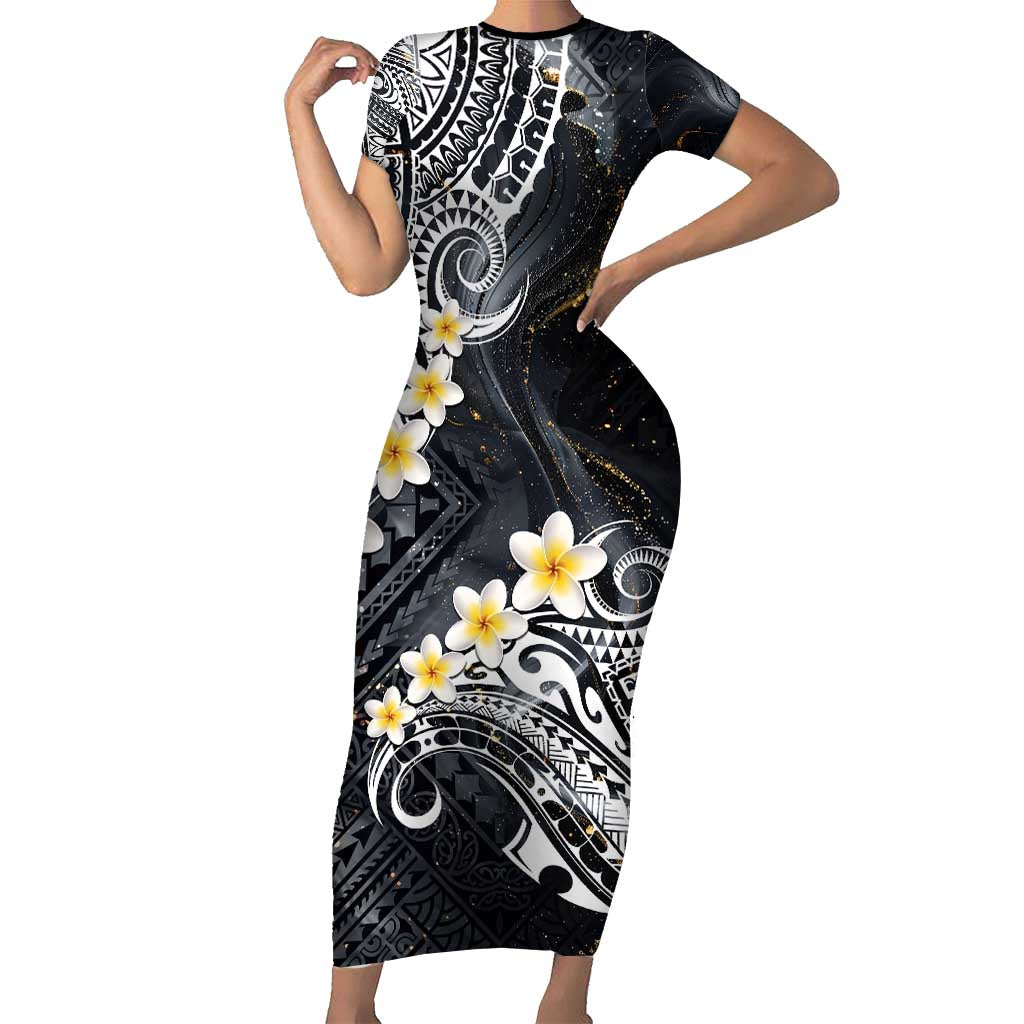 Polynesian Tribal Tattoo Short Sleeve Bodycon Dress Plumeria Black Gold Marble Pattern LT9 Long Dress Black - Polynesian Pride