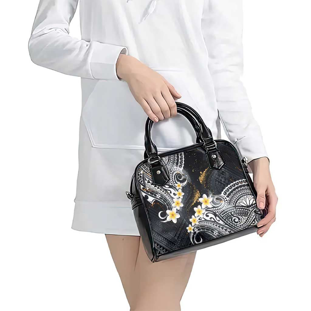 Polynesian Tribal Tattoo Shoulder Handbag Plumeria Black Gold Marble Pattern