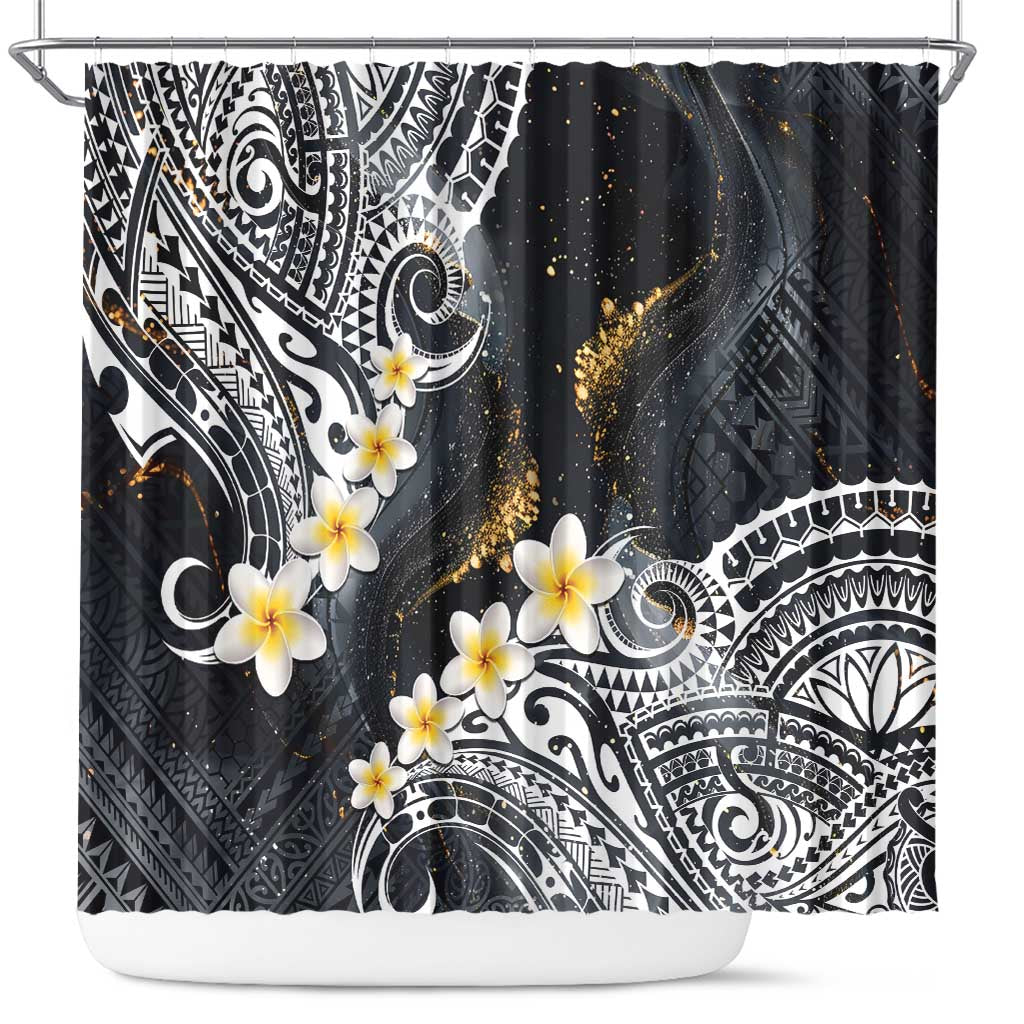 Polynesian Tribal Tattoo Shower Curtain Plumeria Black Gold Marble Pattern LT9 Black - Polynesian Pride