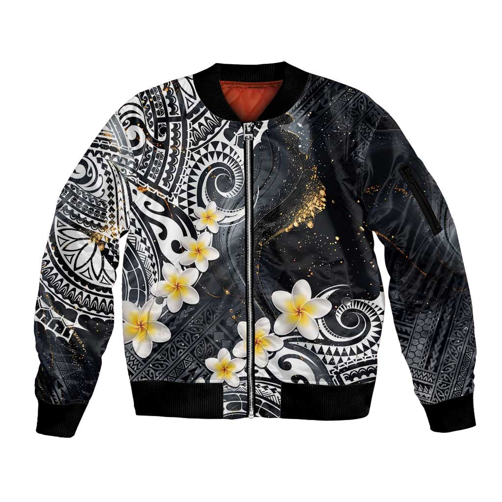 Polynesian Tribal Tattoo Sleeve Zip Bomber Jacket Plumeria Black Gold Marble Pattern LT9 Unisex Black - Polynesian Pride