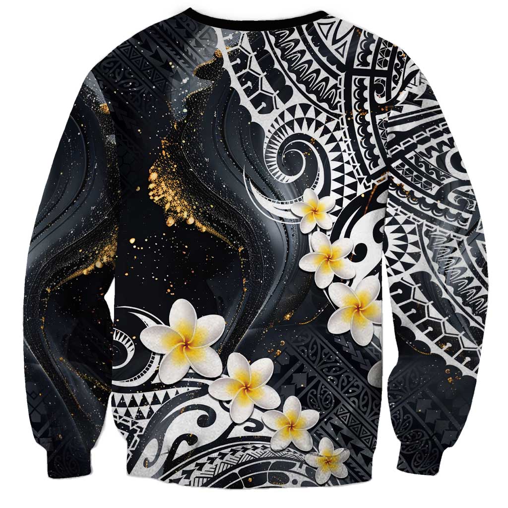 Polynesian Tribal Tattoo Sweatshirt Plumeria Black Gold Marble Pattern