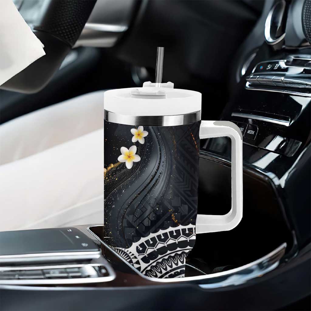 Polynesian Tribal Tattoo Tumbler With Handle Plumeria Black Gold Marble Pattern