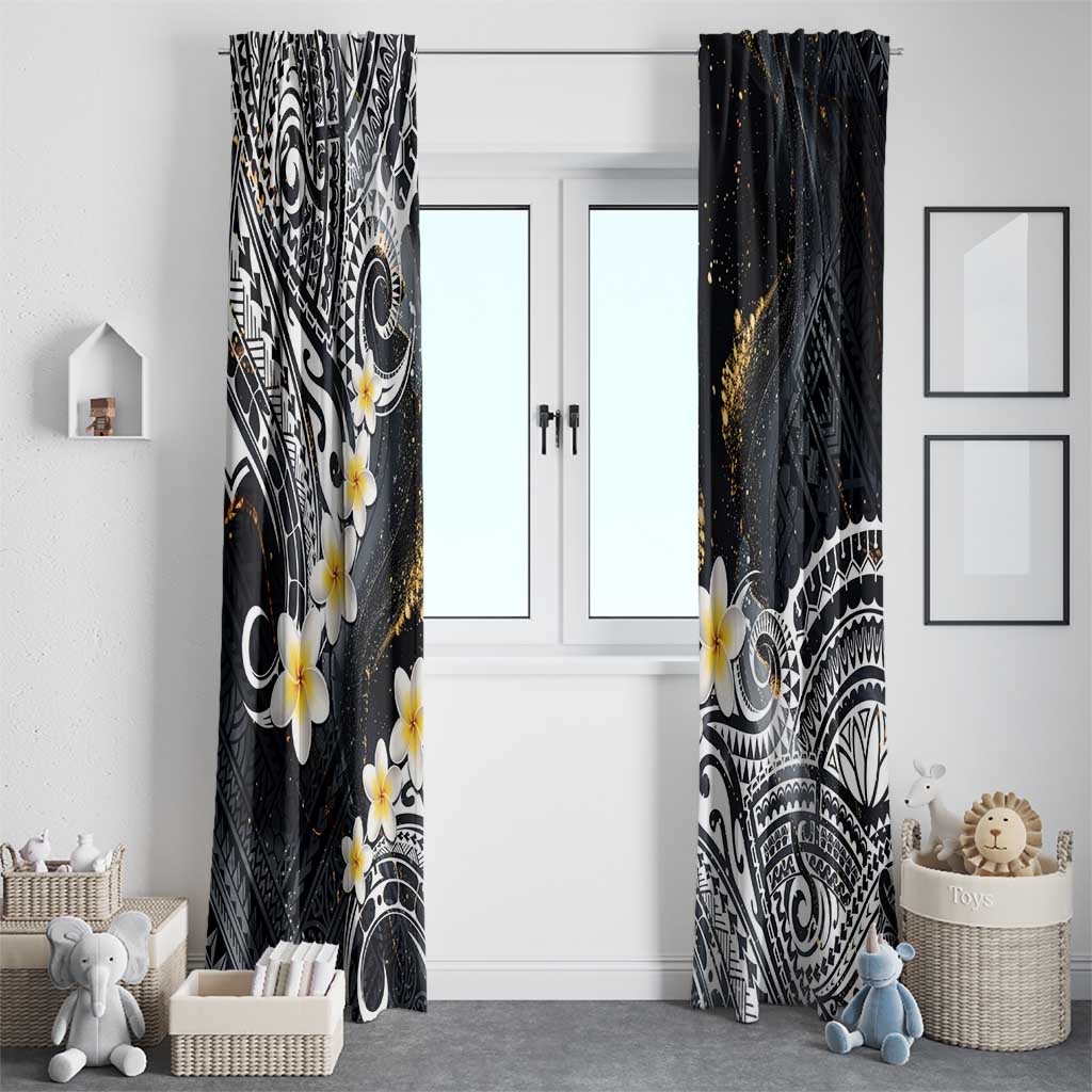 Polynesian Tribal Tattoo Window Curtain Plumeria Black Gold Marble Pattern