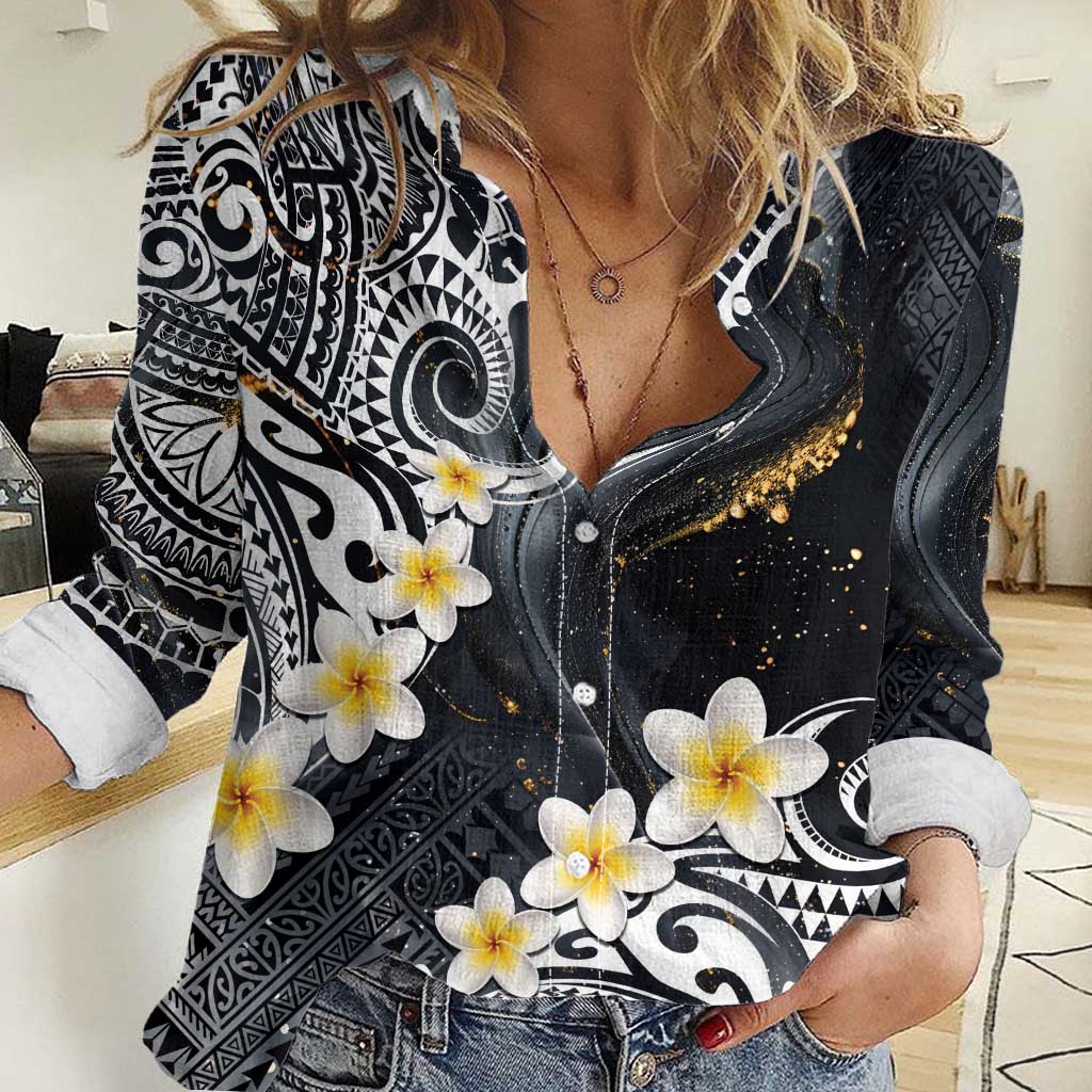 Polynesian Tribal Tattoo Women Casual Shirt Plumeria Black Gold Marble Pattern LT9 Female Black - Polynesian Pride