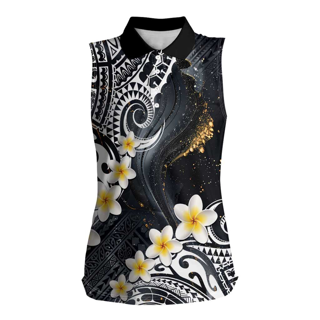 Polynesian Tribal Tattoo Women Sleeveless Polo Shirt Plumeria Black Gold Marble Pattern LT9 Female Black - Polynesian Pride